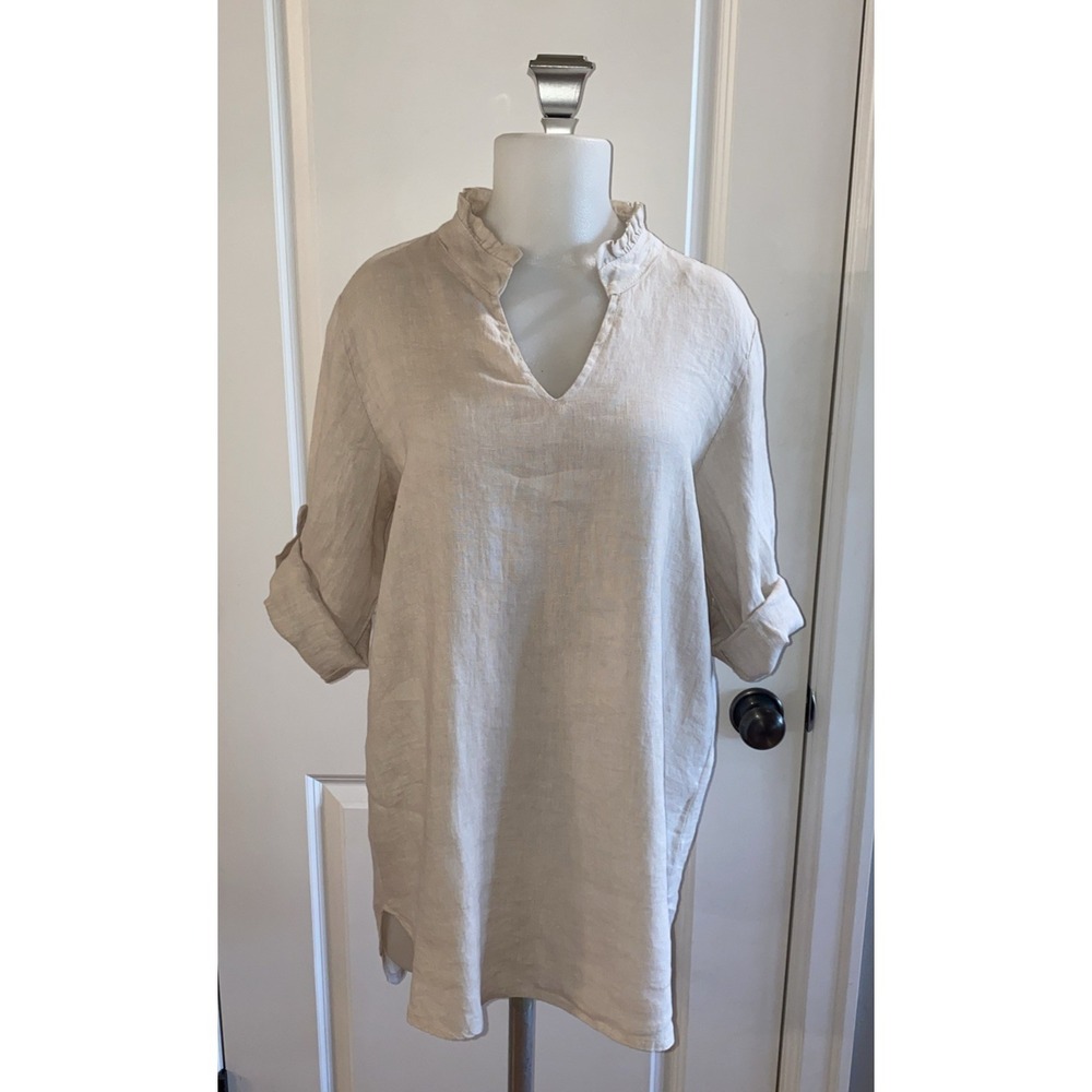 Rosemarine Beige 100% Linen Tunic Top Blouse Rolled Short Sleeves Italy Small